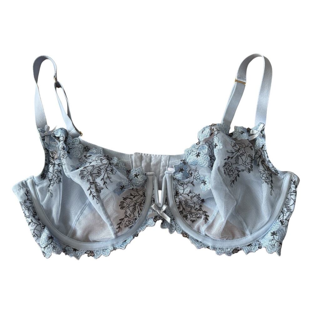 Cacique Bra 40DD Unlined Balconette Underwire Sheer Lace Sexy Light Blue Black